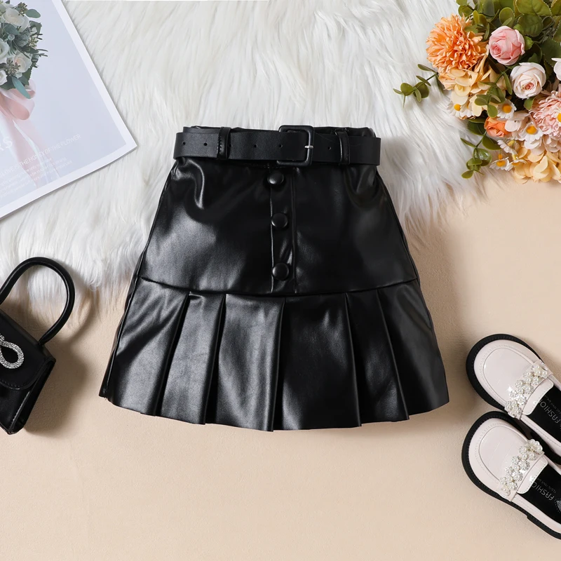 Toddler Little Girls Fall Winter Clothes 1T 2T 3T 4T 5T 6T Ribbed Knit Shirt Tops PU Leather Skirt Set 2Pcs Outfits