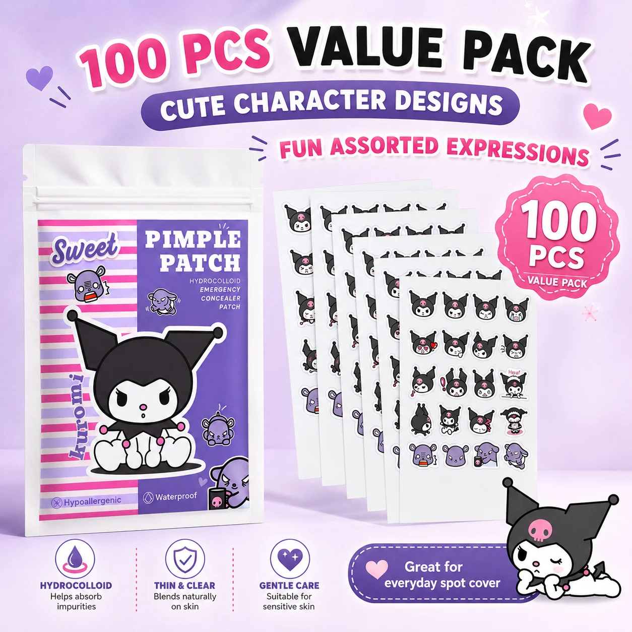 Hello Kitty Cute Pimple Patches, 100pcs Hydrocolloid Acne Spot Covers, 25 Fun Designs, Gentle, Waterproof, Skin-Friendly