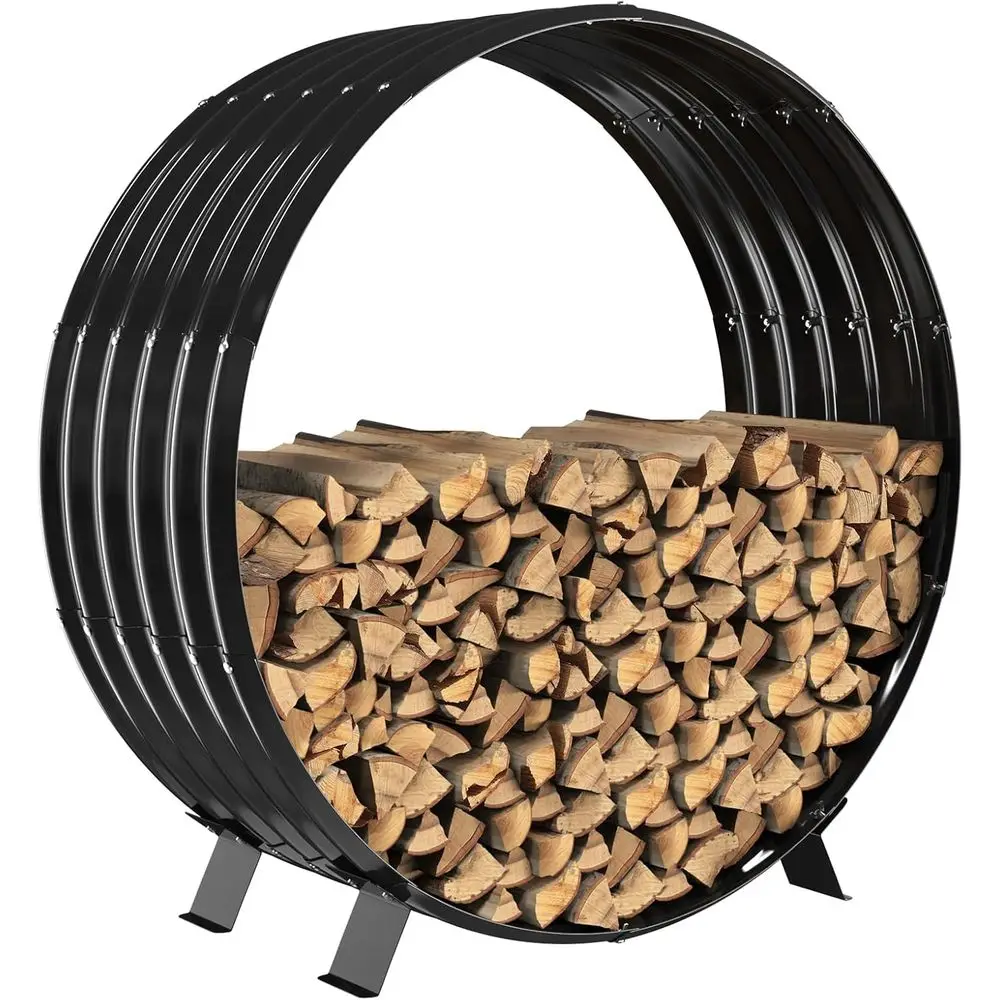 Round Metal Sheet Wood Rack Indoor Outdoor Beside Fire Pit -with Metal Legs, Rustproof, Durable & Stylish Wood Holder (Circle, 4