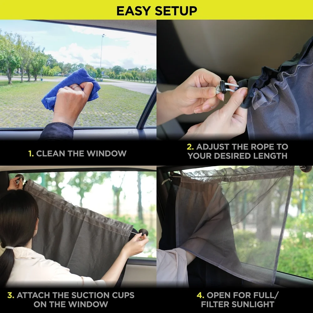 Universal Side Window Suction Cup Car Curtain Sun Shade Double Layer UV Protection Privacy 2 Counts Easy Storage Vehicle