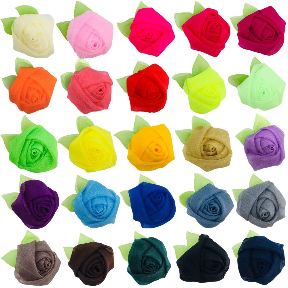 

500pcs 4cm Chiffon Yarn Rose With Leaves Diy Handmade Three-dimensional Rose Bud Kids Headwear Clothing Accessories Wholesale