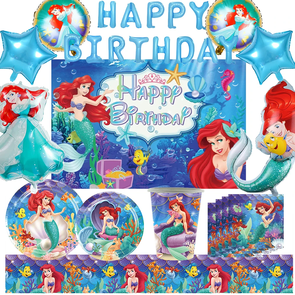 

Disney Little Mermaid Ariel Princess Theme Girl's Birthday Party Decoration Disposable Tableware Plate Napkin Backdrop Banner