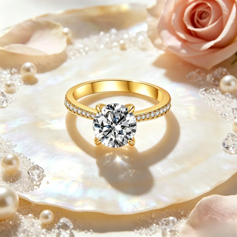 Sparkling Rings with Round Cubic Zirconia 1-4ct Fresh Stylish Engagement Accessories with 18K Yellow Gold Plated for Women Party Fine Cocktail Jewelry
