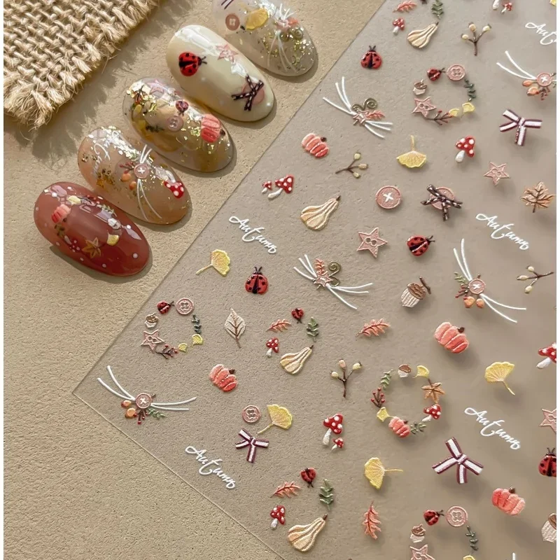 Ginkgo Leaf Ring Maple Mushroom Pumpkin Button Ladybug Star Autumn 5D Nail Stickers Self Adhesive Nail Art Decorations Decals