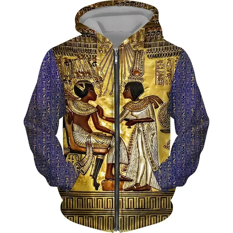 Ancient Egypt Eye Horus Pattern Zipper Hoodie For Men Pharaoh 3D Print Long Sleeves Casual Pullover Hoodies Loose Sweatshirts