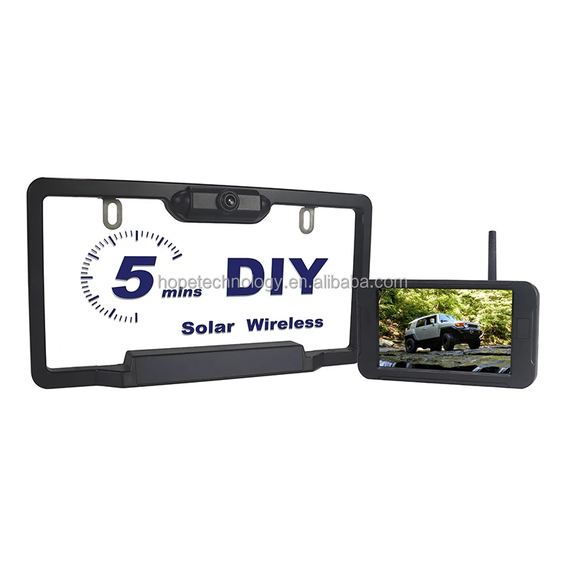 DIY 2.4GHz Digital Wireless License Plate Frame Backup Camera System 5 Inch Rear View Monitor Built in Solar Power