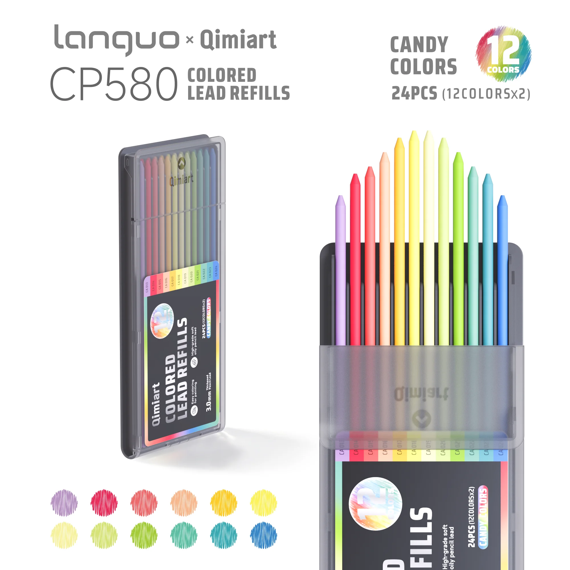 Languo 12 Kleuren Intrekbare Kleurpotloodset, 3,0 mm Dikke Oliebasis Potloodstift, voor Handtekenen, Doodling, Journaling