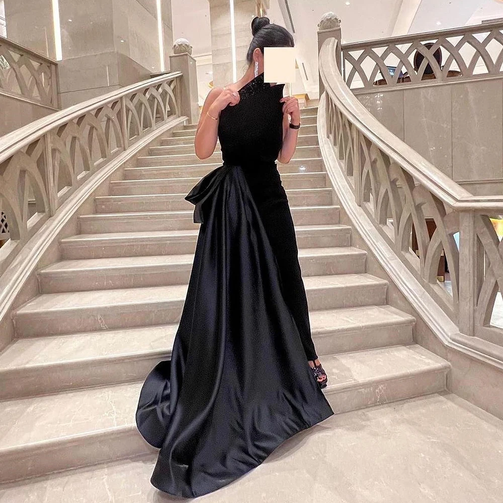 

Straight Black Satin Sleeveless Ankle Length Strapless Pleats Panel Train Elegant Party Dresses Woman Crystal Quinceanera Gowns