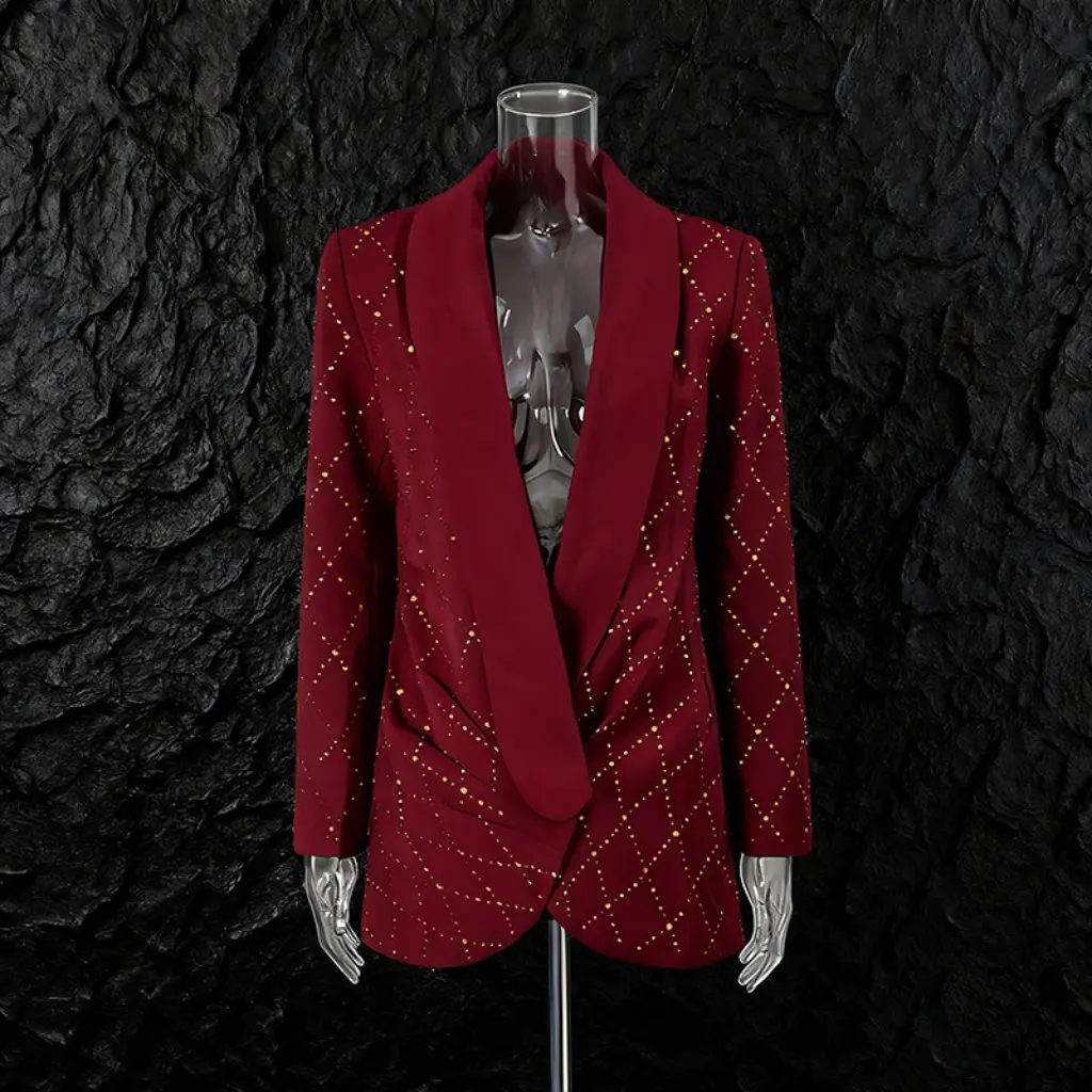 

Elegant Plaid Polka Dot Short Suit Dress Deep V Neck Party Gown Fashionable Minimalist Style New Arrival For Women