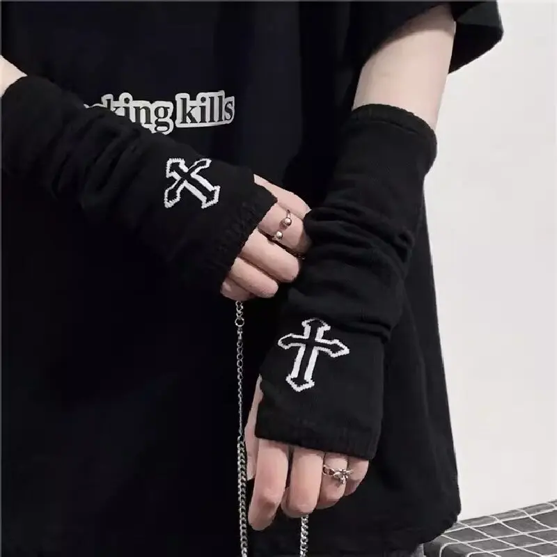 ReddaChic Harajuku Black Knit Arm Sleeves Women Retro Gothic Cross Crocheted Fingerless Gloves Acubi Fashion Y2k Arm Warmers