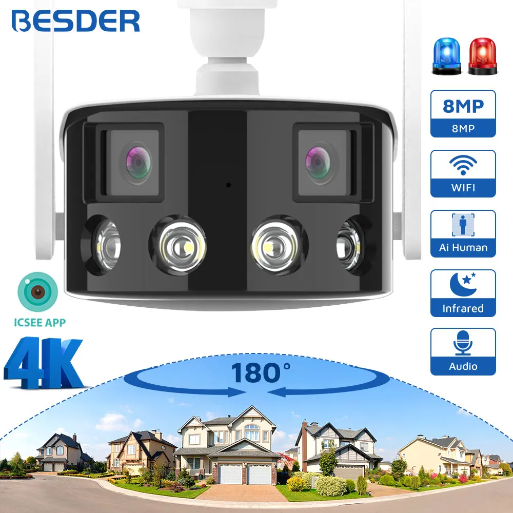 4K 8MP IP Camera WiFi Color Night Vision 180° Wide Angel Outdoor Wifi Surveillance Cameras 4MP CCTV Security Protection Camera