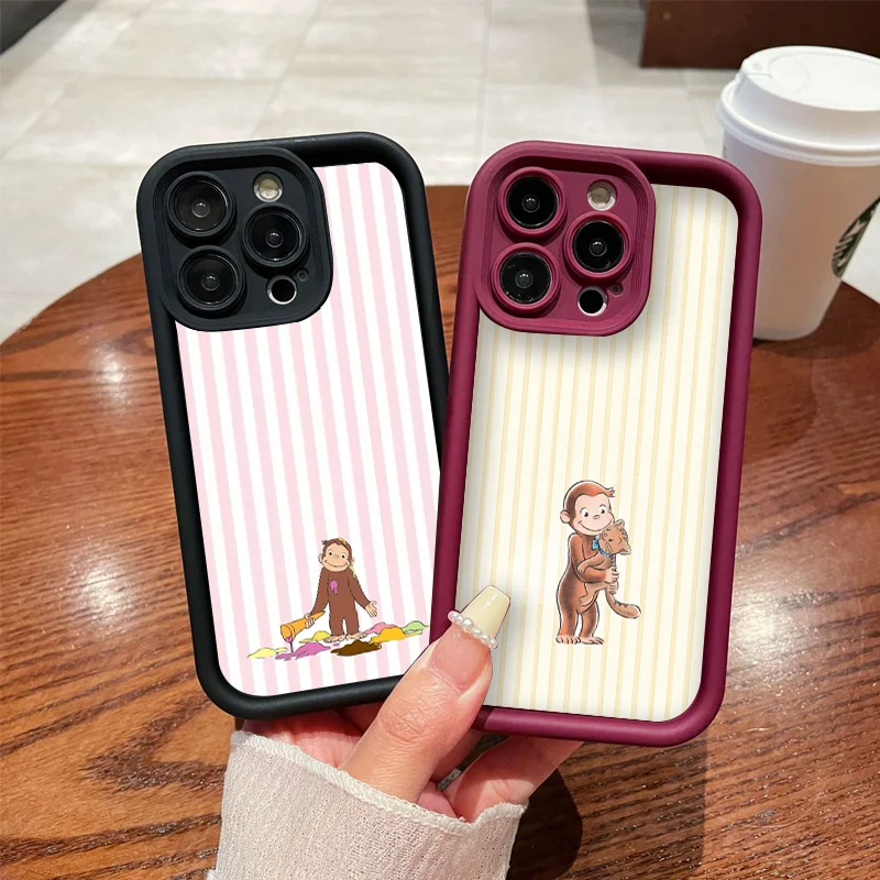 Coque de téléphone souple imprimée rayée avec dessin animé singe tenant un chat pour iPhone 17 16 15 Pro Max 13 12 11 Mini X XR XS 7 8 14Plus SE