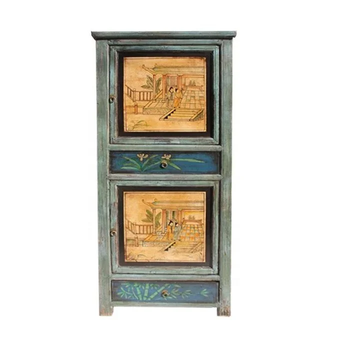 Chinese antique classic retro reproduction hand-painted imitation old gray solid wood wardrobe