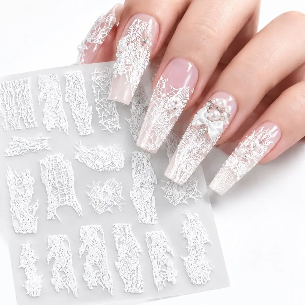Sheer White Lace Nail Decals Mesh Transparent 5D Embossed Self Adhesive Stickers Pure Desire Nail Art Decor for Women Wedding