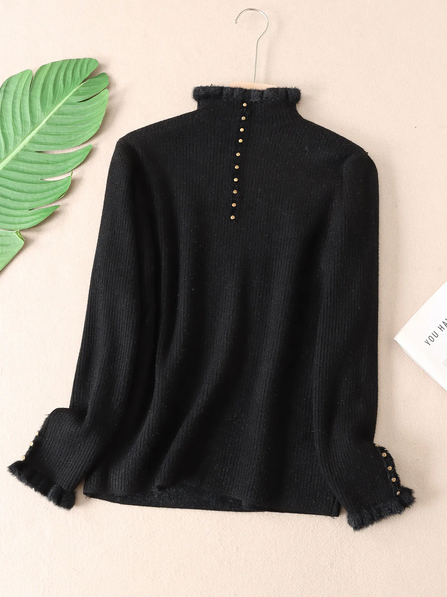 سترة تنحيف ذات ياقة عالية من الدانتيل من Thiened متكاملة للنساء شتوية من Faion Color Blo Base irt محبوكة دافئة L... #5