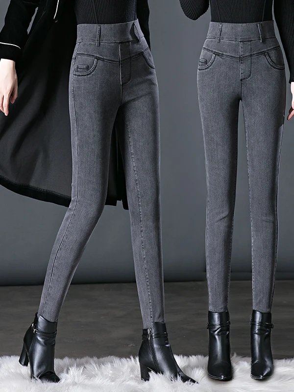 Smoke Grey Fleece Lined High Waist Elastic Denim Jeans Women's Autumn Winter Mom Pants Large Size Slim Fit Casual Style