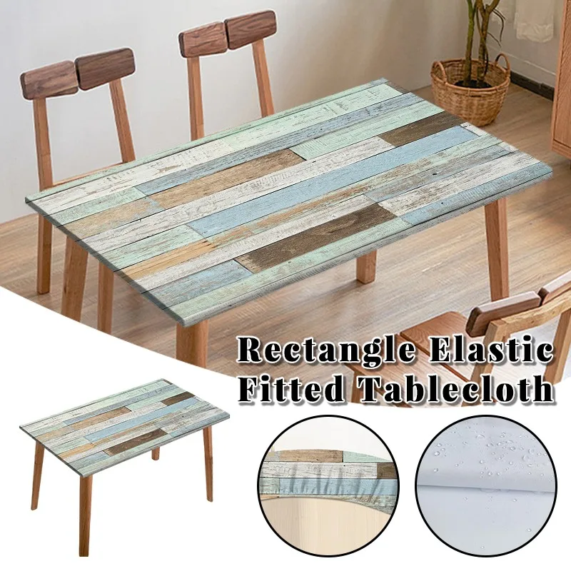 

61x122cm Waterproof Elastic Fitted Tablecloth Rectangle Rustic Wood Print Table Cover Edge Closure Wear-resistant Table Cover