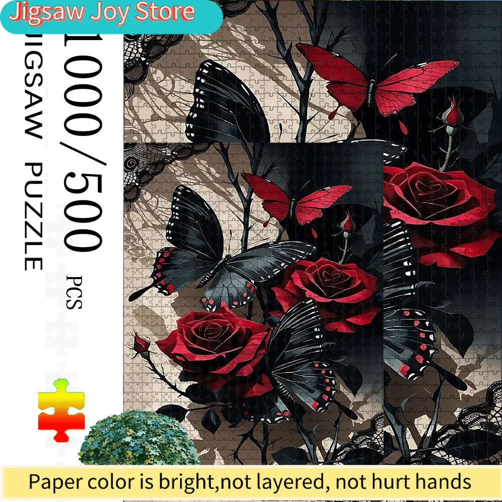 

1000/500pcs Butterfly & Rose Paper Puzzle, Large Interactive Game for Adults and Families | DIY Home Decor Brain Teaser Challe