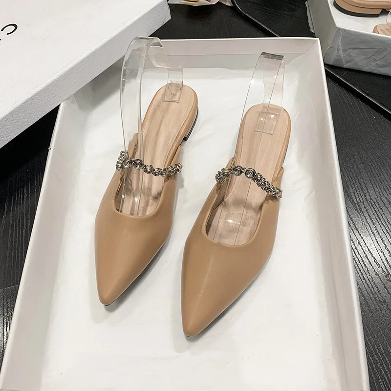 Sexy Pointed Toe Mules Woman Silver Slippers Shoes Ladies Party Slides Crystal Belt Flats Sandals