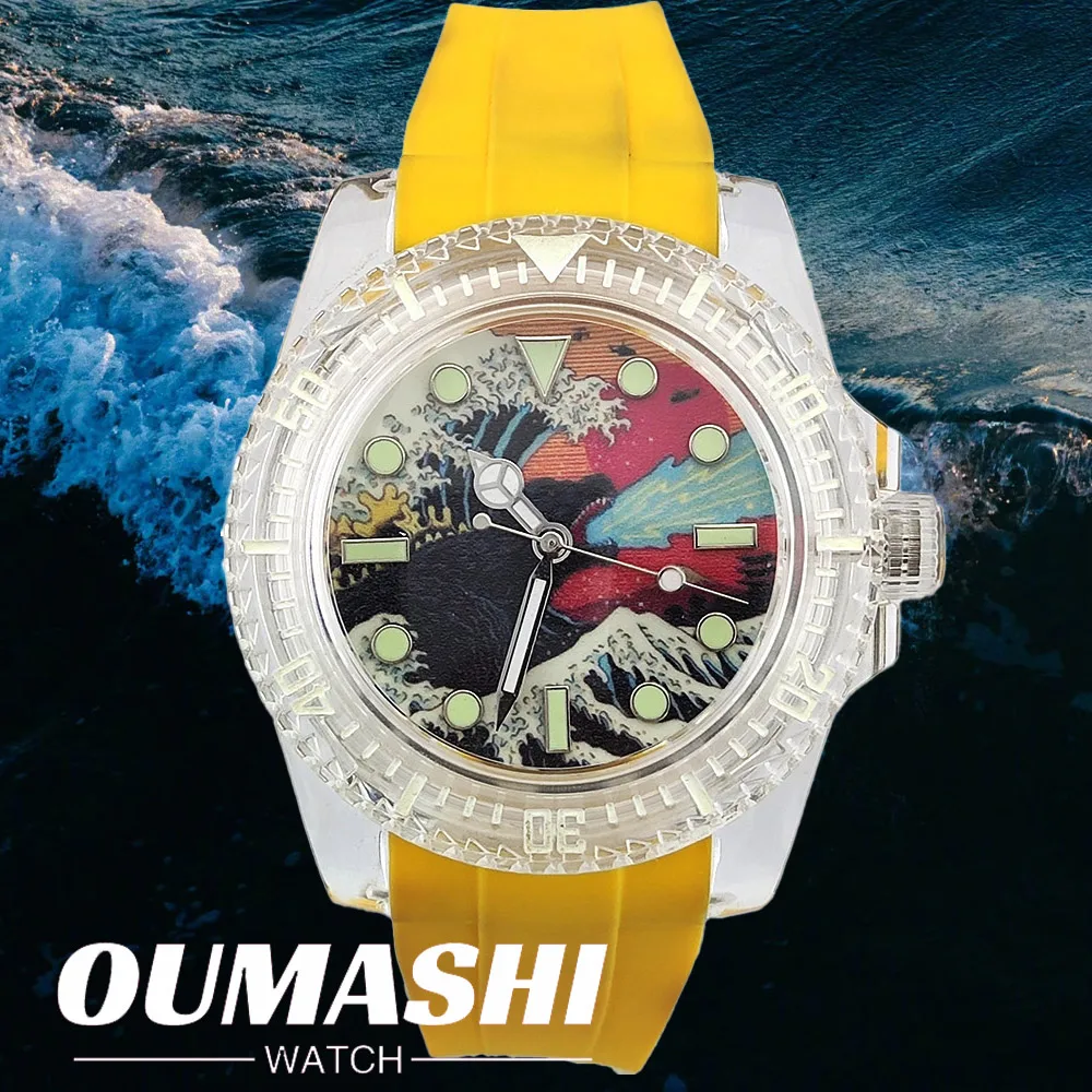 Orologio meccanico automatico con cassa in plastica trasparente luminosa da 40 mm, vetro acrilico, movimento NH35, orologio di lusso da uomo impermeabile 5ATM