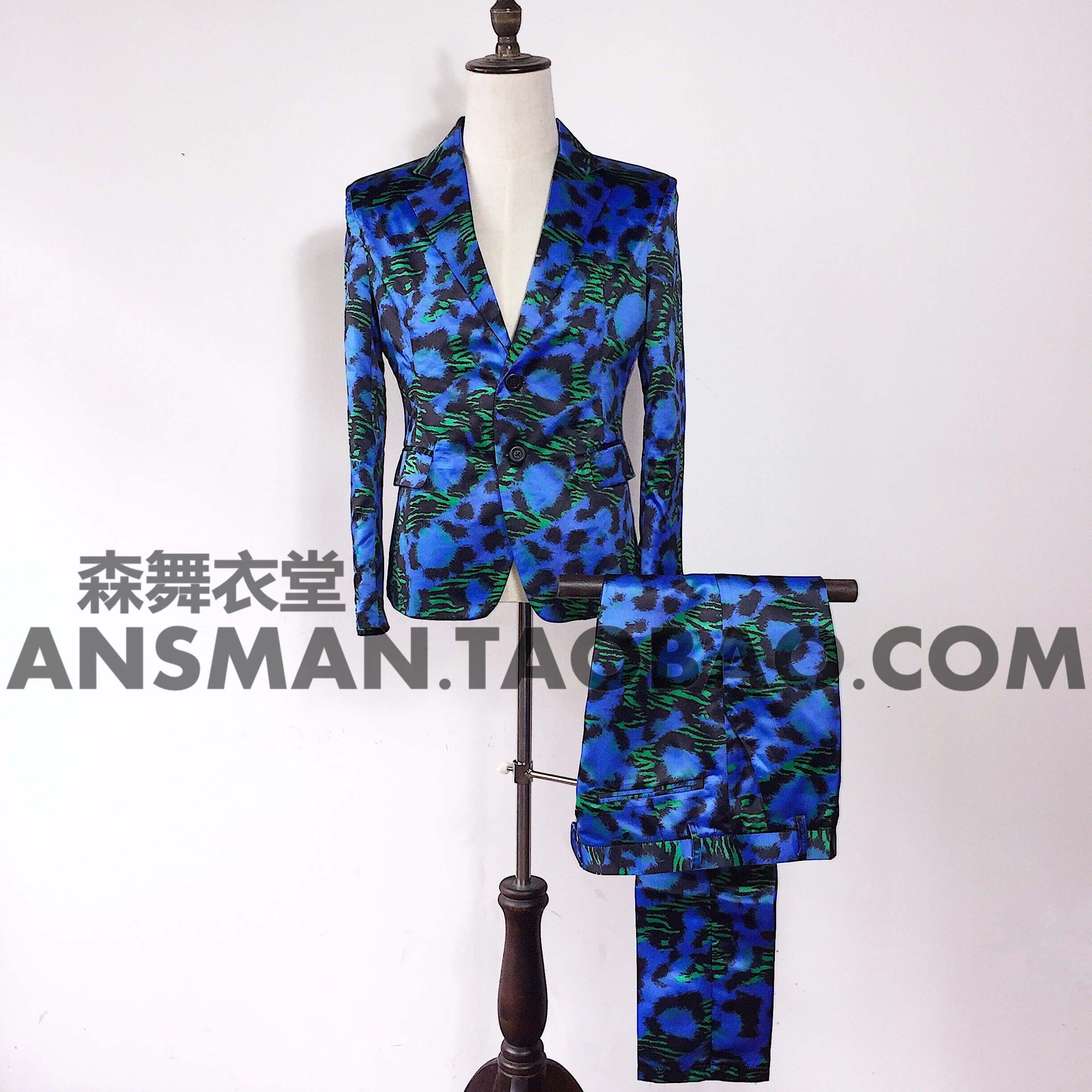 British Style New Nightclub Bar DJ Blue-Green Leopard Print Fashion Suit Men's Spring And Autumn Casual Performance Clothing