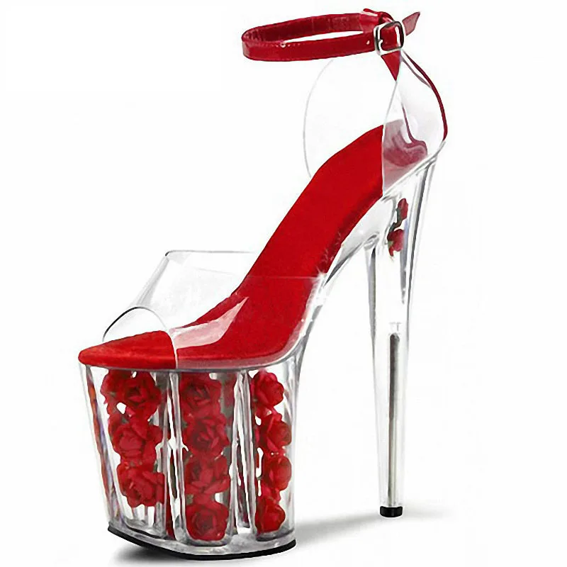 

High heels 20cm celebrity photo shoot super thin heels red rose crystal wedding shoes fashion sandals for women