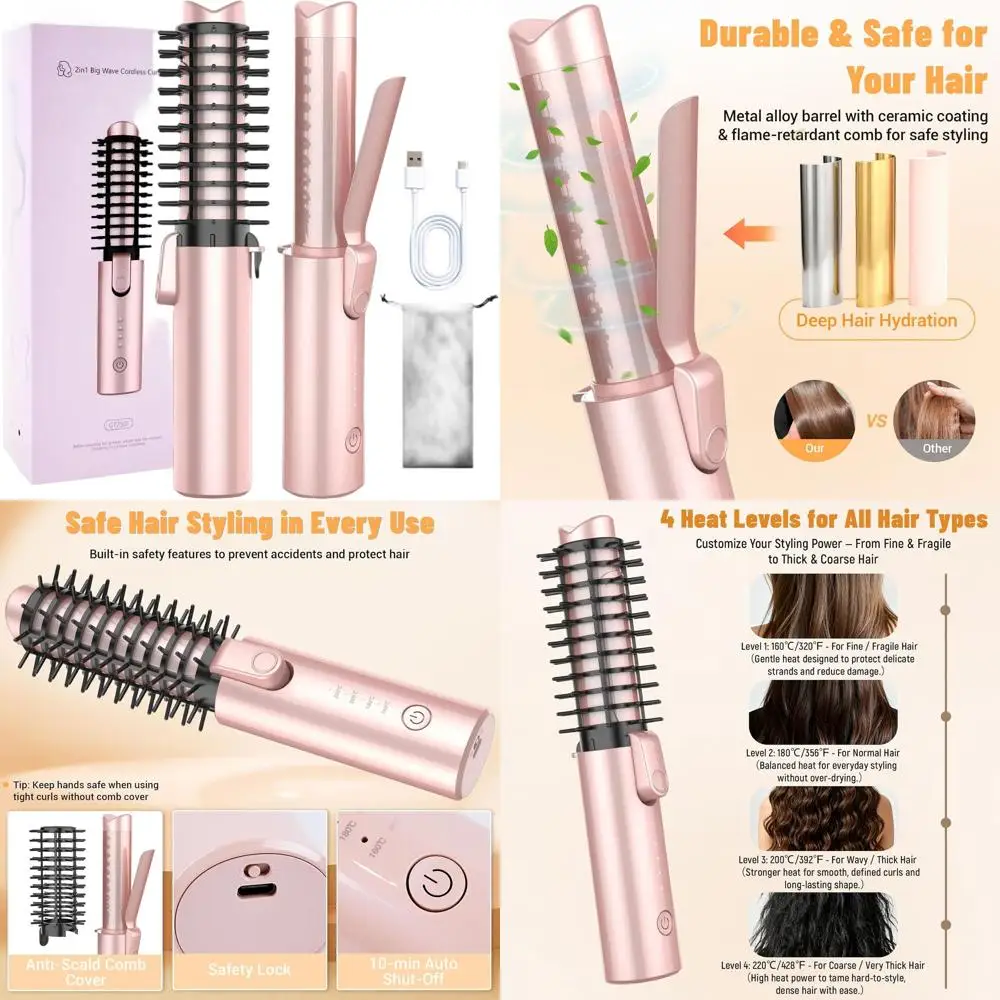 

Portable 3-in-1 Hair Styling Tool: Curling Iron, Straightener, Brush with 7000mAh Battery, 4 Heat Settings, Fast Heat-Up, Anti-S