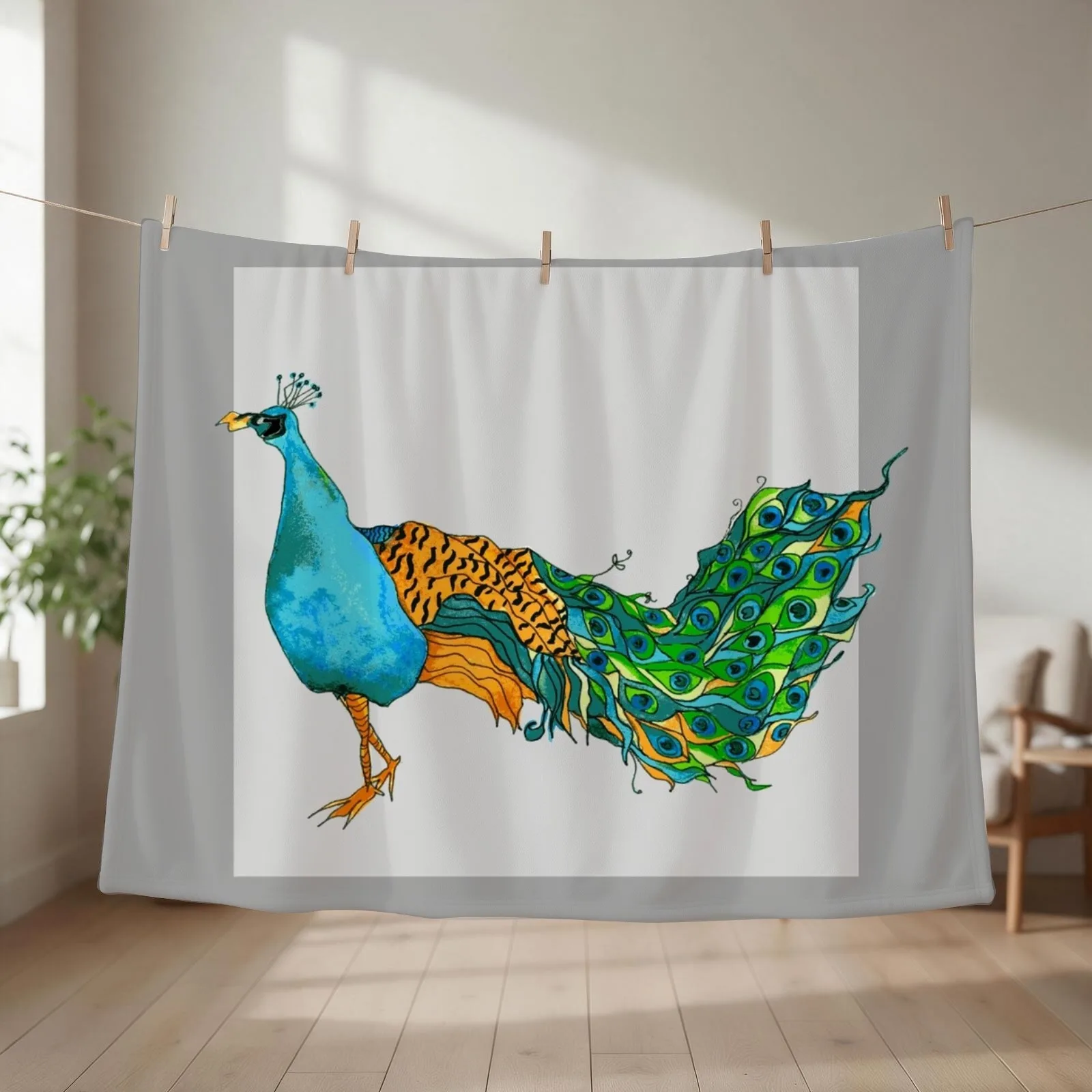 Peacock Watercolour Illustration Throw Blanket couch cozy soft plush fuzzy picnic outdoor blanket