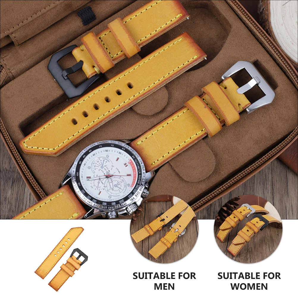 

1Pcs Cowhide Watchband Yellow Classic Durable Strap Adjustable Watch Replacement for Men Women Yellow Watch Band