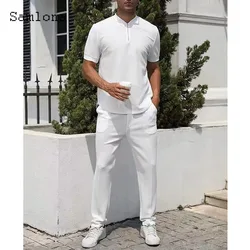 Mens Latest Casual Simple Two Piece Sets 2024 Europe Style Vintage Basic Shirt and White Pants Suit Male Beach Tracksuits Set