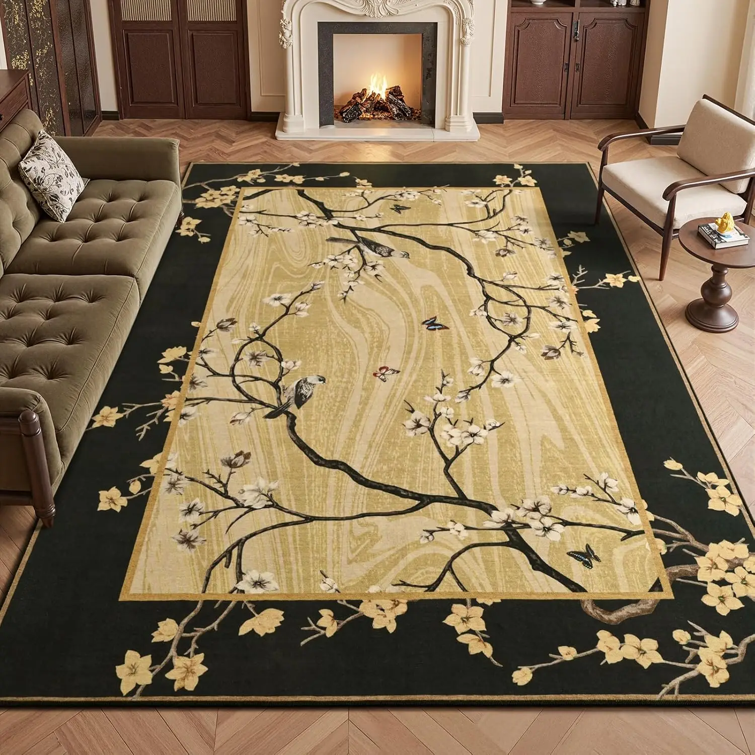 

Elegant Black Border Plum Blossom Bird Rug Gold Beige Center Traditional Asian Style Area Carpet