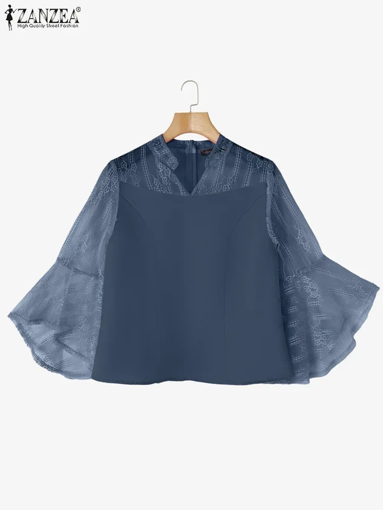 ZANZEA Elegant Office Lady เสื้อผู้หญิงเซ็กซี่ V คอเสื้อลําลองลูกไม้ 2025 Patchwork ฤดูร้อนเสื้อลําลองดูผ่าน OL Blusas