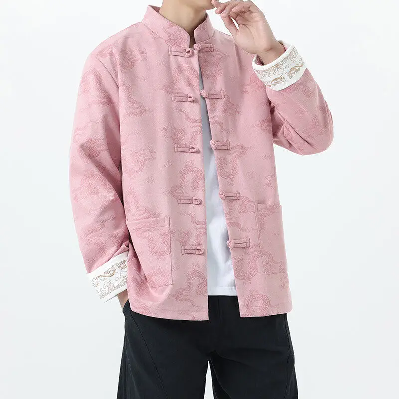 

Autumn Winter Suede Chinese Sle Jaet Loose Fit Button up Manin Collar Men's Outerwear Busin Casual Long Sve
