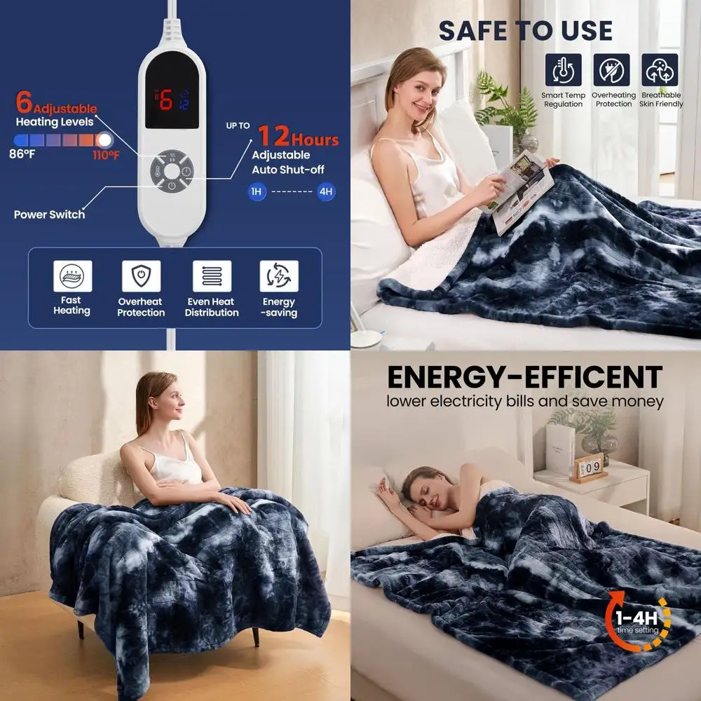 

Luxury Blue Twin Size Faux Fur Electric Blanket, 62x84, 6 Heat Levels & 12H Auto-Off