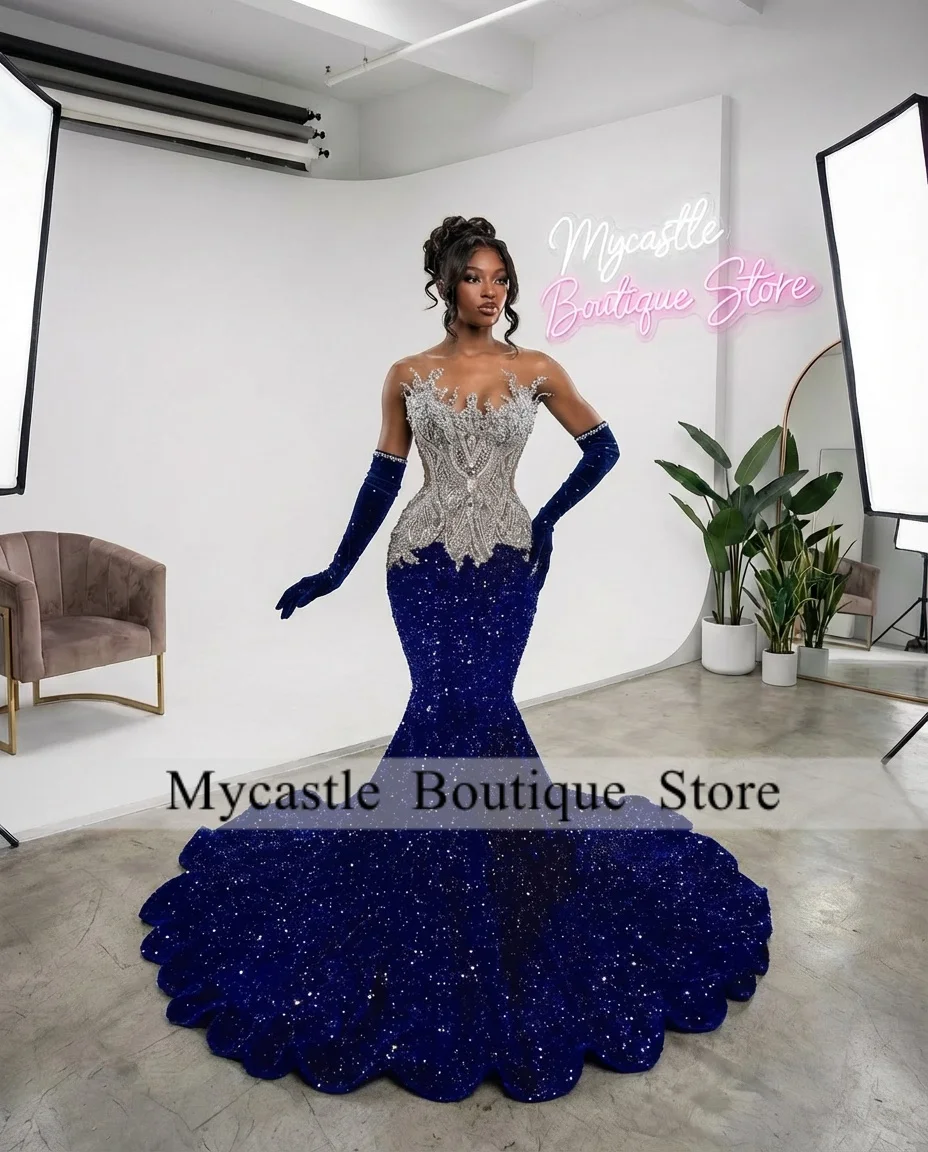 Regal Royal Blue Silver Color Block Matching Gloves Formal Mermaid Bridesmaid Prom Dresses 2026 Black Girl for Women Customized