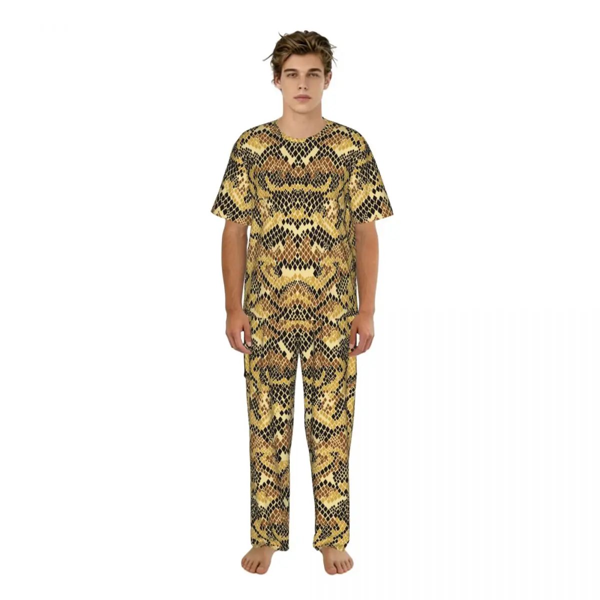 

Men Pajamas Suit Short Sleeved Long Pants Abstract Python Snake Skin Sleepwear Summer Home Clothing Set