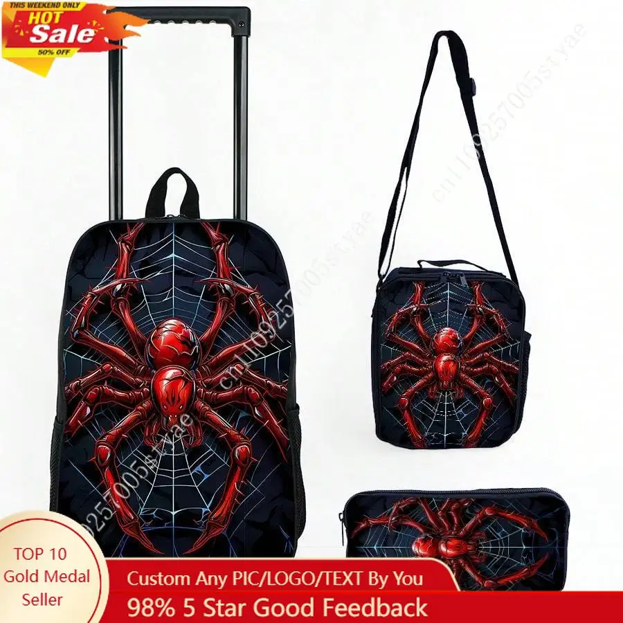 

3pcs Spider Print Rolling Backpack Set Bookbag Lunch Bag Single Layer Pencil Case Halloween Bag Travel Bags Practical Packs