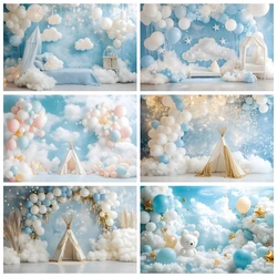 Blue Sky Clouds Hot Air Balloons Background for Photography Props Baby Shower Cake Smash Boy 1st Birthday Backdrop Banner