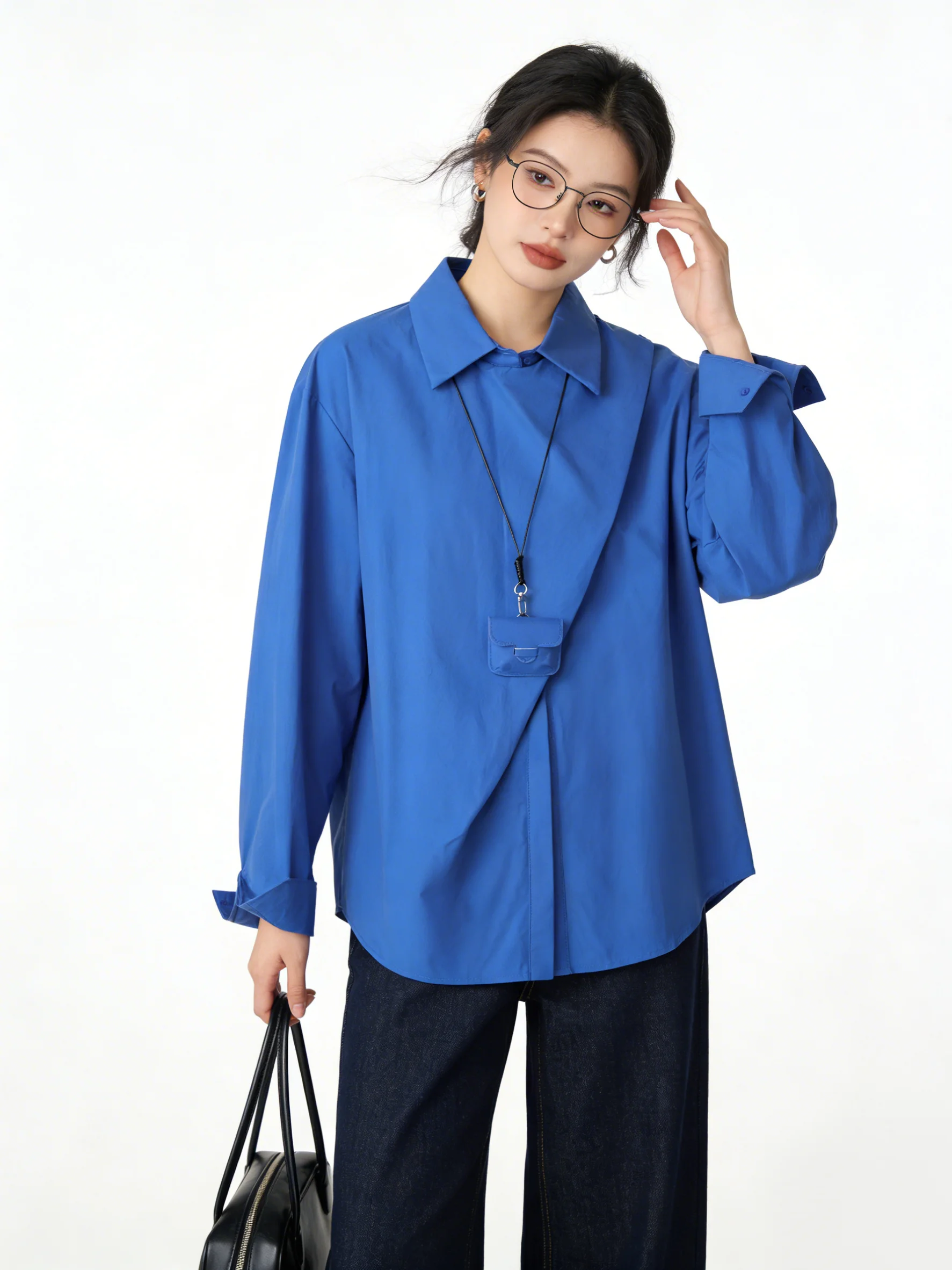 

Elegant Blue Collar Shirt Women's Fashion Design Spring 2026 Breathable Comfortable French Style Loose Fit Long Sleeve