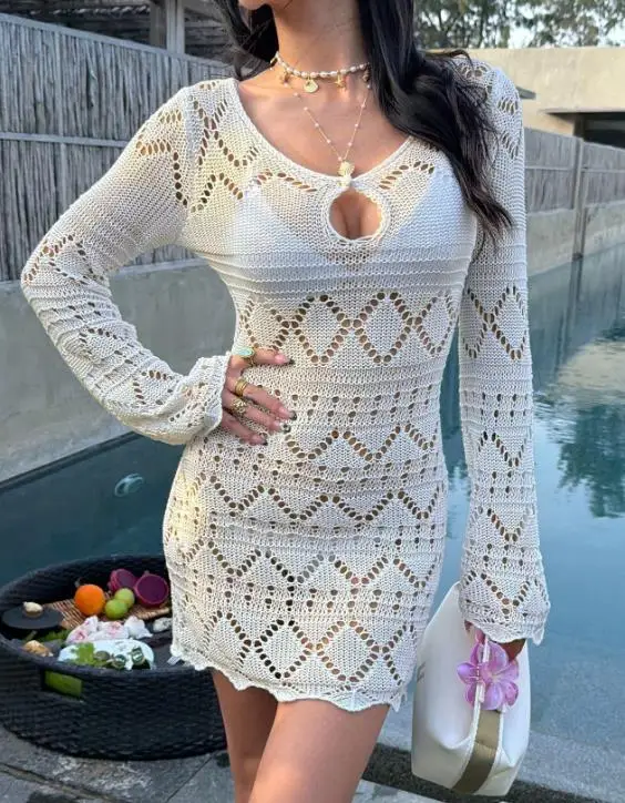 

2026 Spring/summer Hollow Out Woolen Button Slim Fit Spicy Girl Vacation Dress