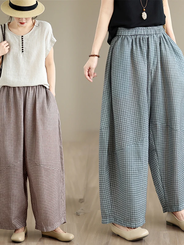 Casual High Waist Plaid Wide Leg Pants Elastic Waist Patchwork Korean Japanese Style Loose Fit Straight Tube Trousers