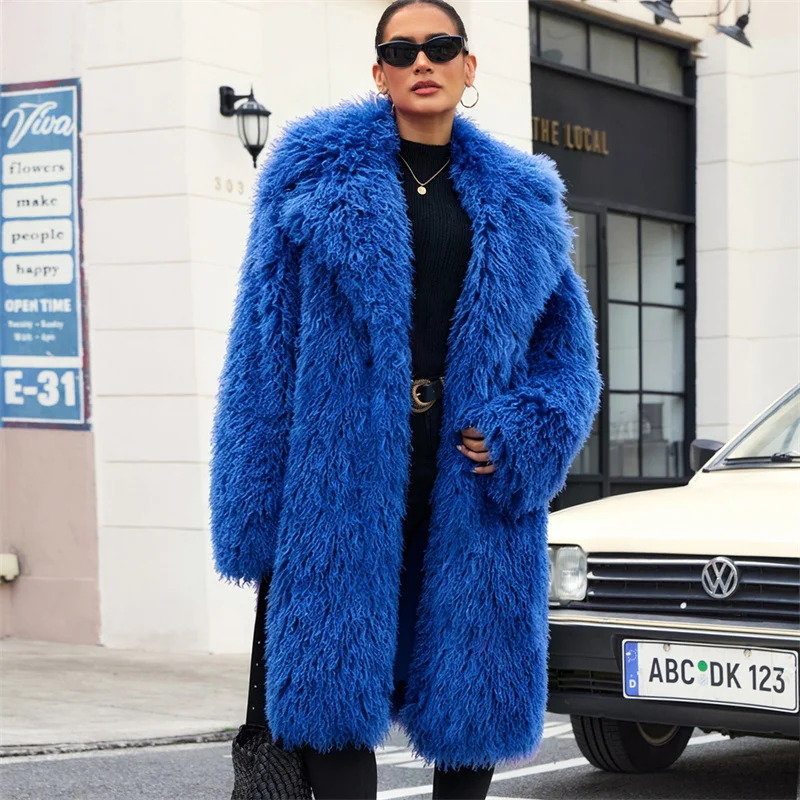 Autumn Winter New Fashion Faux Fur Mongolian Fur Coat Wool Faux Coat for Women Suit Collar Solid Color Long Overcoat Female