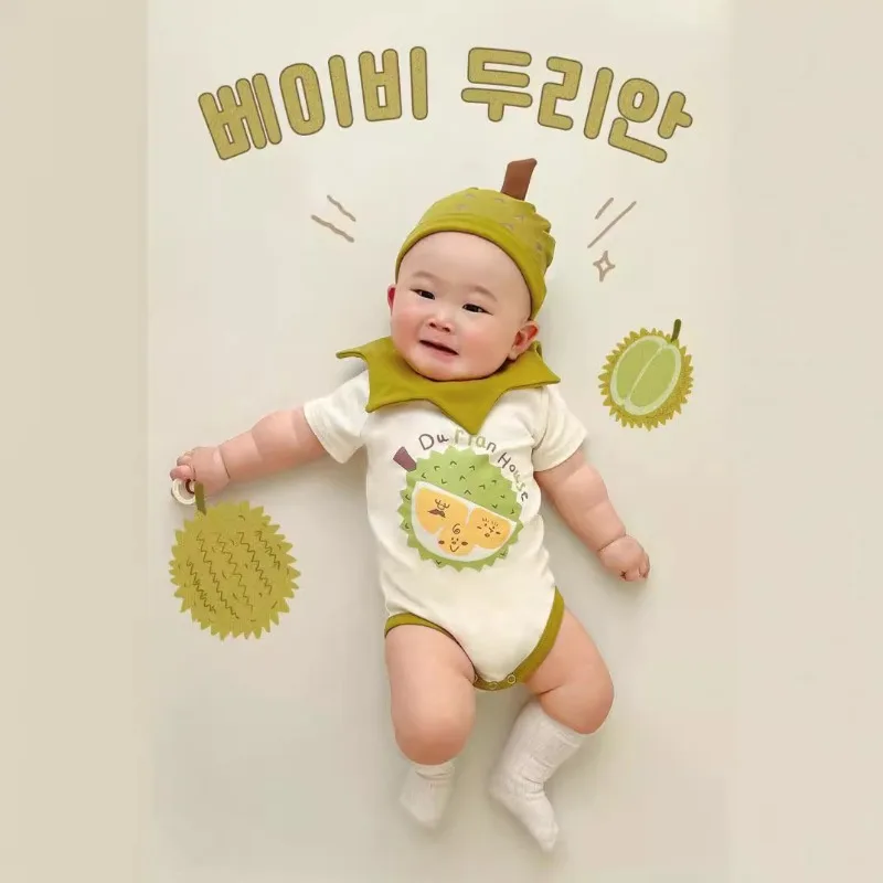 

New Summer Infant Girl Bodysuit Cartoon Durian Letter Print Short Sleeves Newborn Jumpsuit with Cap Baby Clothing
