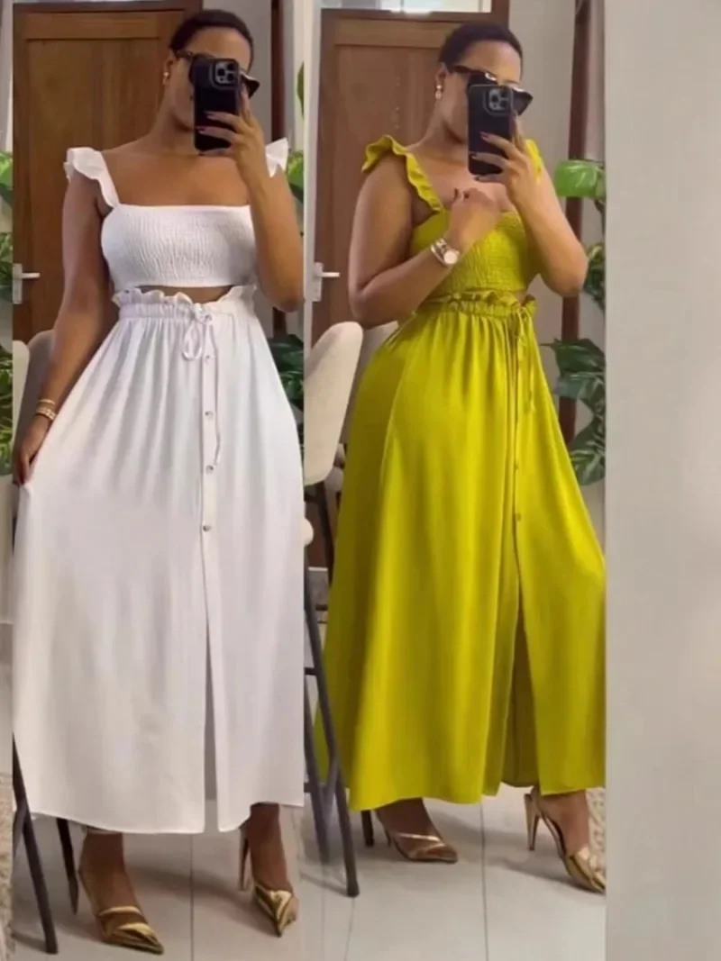 

2 Pieces Set Sexy Fashion Women Set 2025 Spring Summer Female Pullover Vest Sleeveless Top And Spaghetti Strap Maxi Skirts