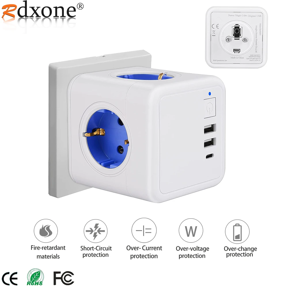 16A EU Wall Socket Power Strip with 4 AC Outlets 3 USB Charger Adapter Overload protection 3680W Socket on/off Switch