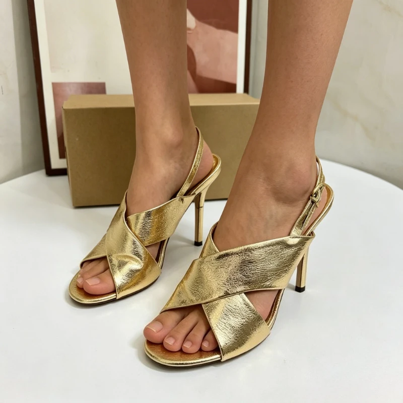 

High Heels Women Modern Sandals Elegant Peep Toe Shiny Golden Cross Tied Party Wedding Slingback Summer Ladies Dress Shoes