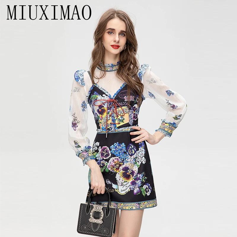 MIUXIMAO 2023 High Quality Spring&Summer Elegant Dress Long Sleeve Stand Chiffon Print Fashion Mini Dress Women Vestides