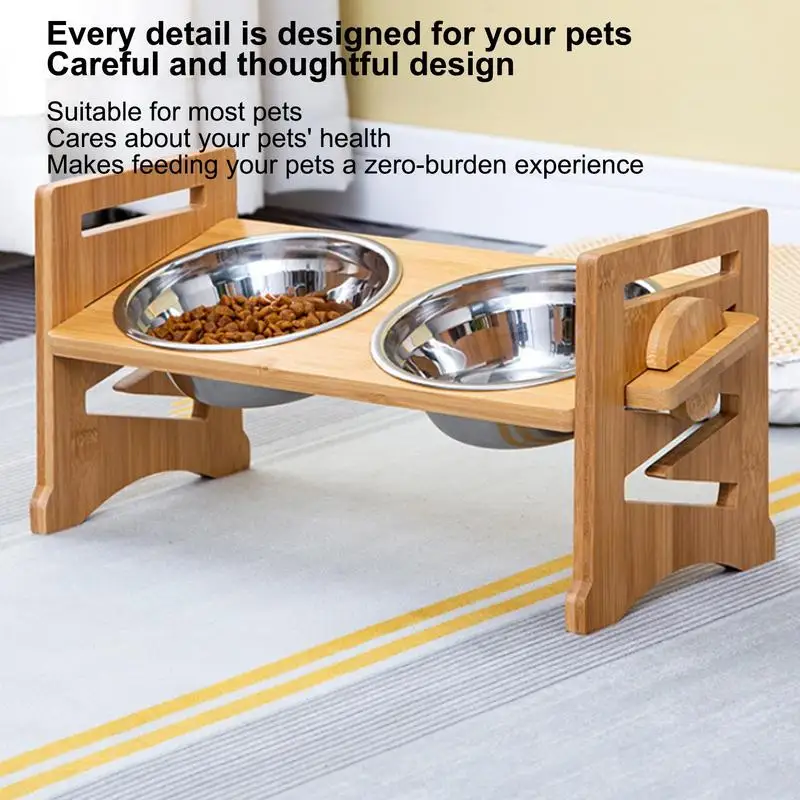 Double Cat Water Bowl Tilt Raised Pet Double Bowls For Water & Food Adjustable Height Dog Stainless Steel Bowls With Stand For