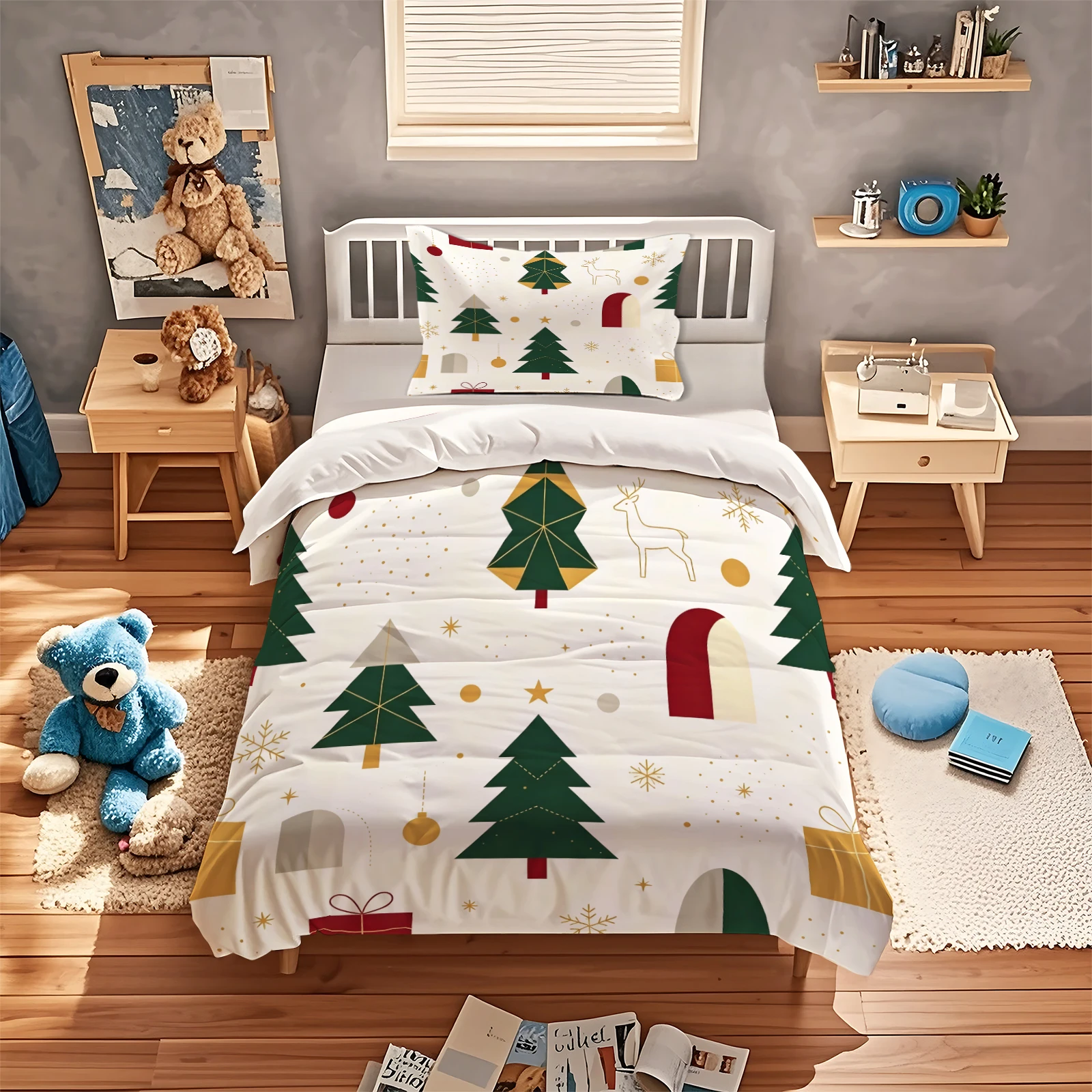 Geometric Christmas Tree Duvet Cover Set Abstract Xmas Deer Gift Snowflake Print Bedding Set Polyester Quilt Cover Holiday Decor