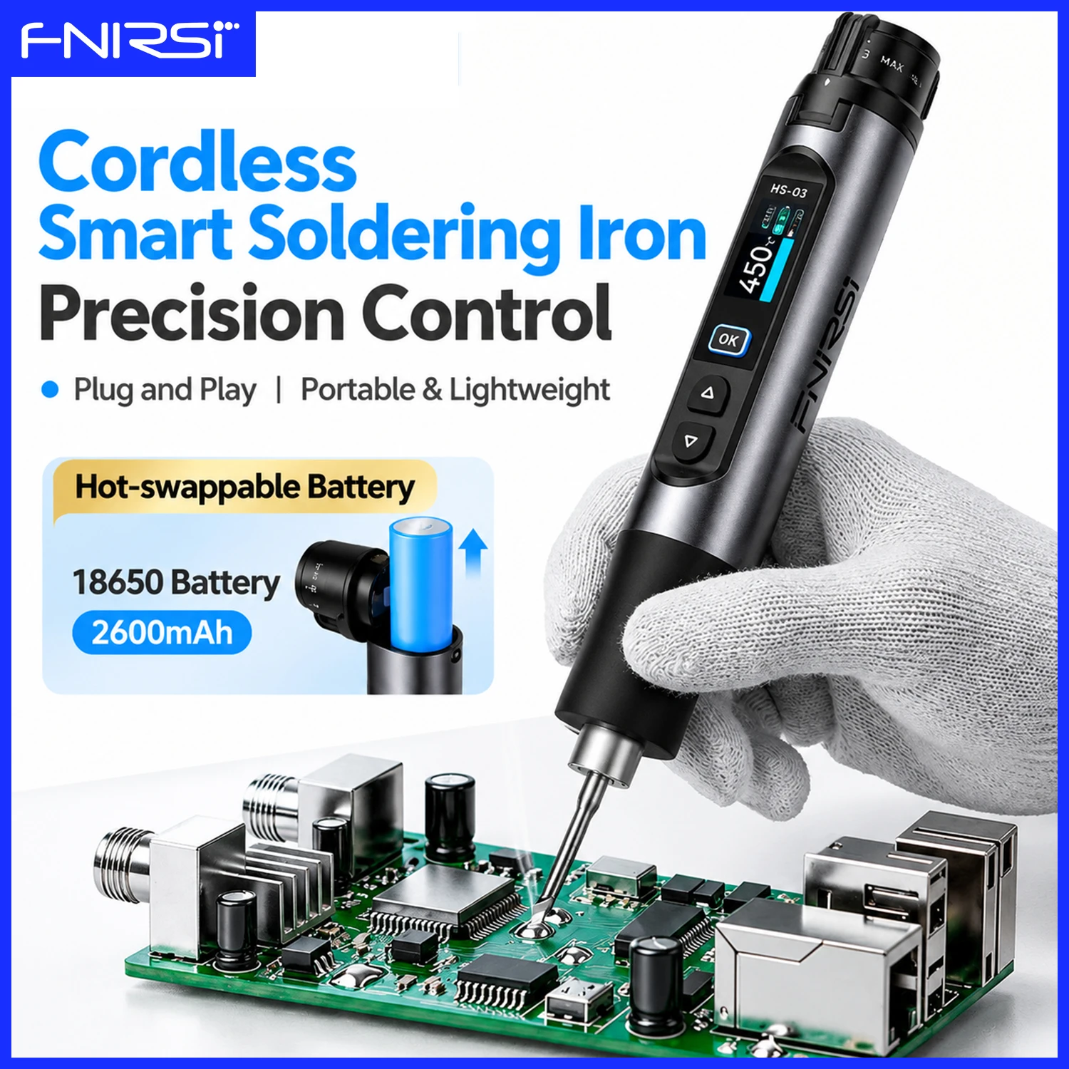 FNIRSI HS-03 Cordless Soldering Iron 10W Type-C 100-450℃ Adjustable Temperature Replaceable 18650 Battery Portable Welding Tools